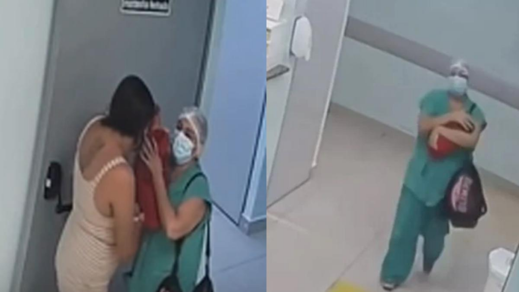 Cámaras captan a enfermera que intentó sacar a una recién nacida escondida en un bolso en Brasil; la tía la rescató y fue detenida