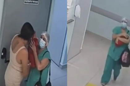 Cámaras captan a enfermera que intentó sacar a una recién nacida escondida en un bolso en Brasil; la tía la rescató y fue detenida