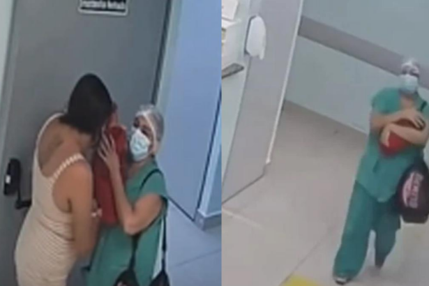 Cámaras captan a enfermera que intentó sacar a una recién nacida escondida en un bolso en Brasil; la tía la rescató y fue detenida