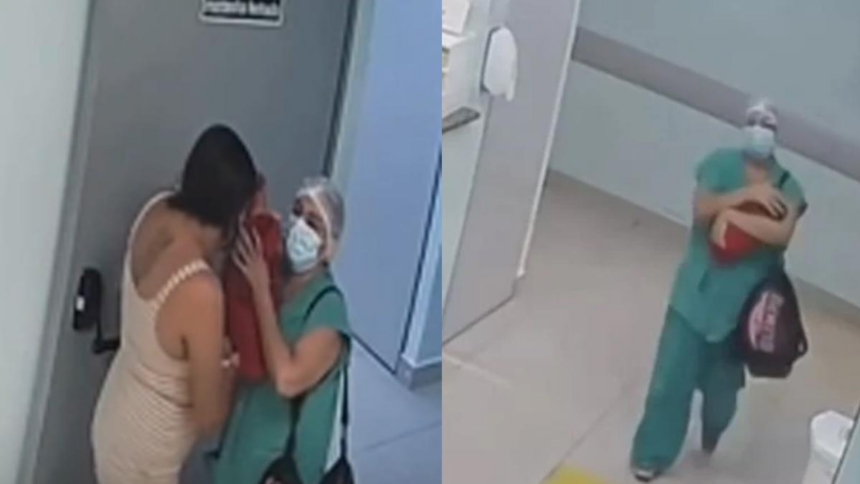Cámaras captan a enfermera que intentó sacar a una recién nacida escondida en un bolso en Brasil; la tía la rescató y fue detenida