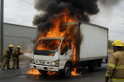 Camioneta Isuzu se incendia en la Zona Industrial